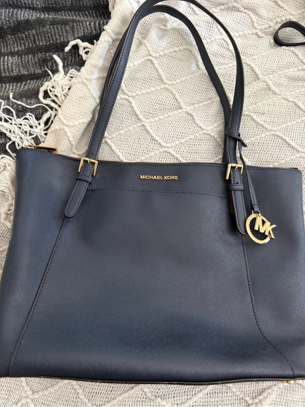 Michael Kors Navy Saffiano Leather Tote with Gold Hardware with matching wallet